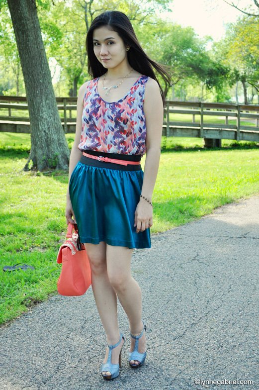 Re-styled: Forever21 Teal Satin Skirt + Feather Print Top — Whatever is ...