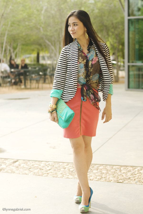 Stripes Blazer, Sheer Floral Top, and Coral Zip Skirt — Whatever is ...