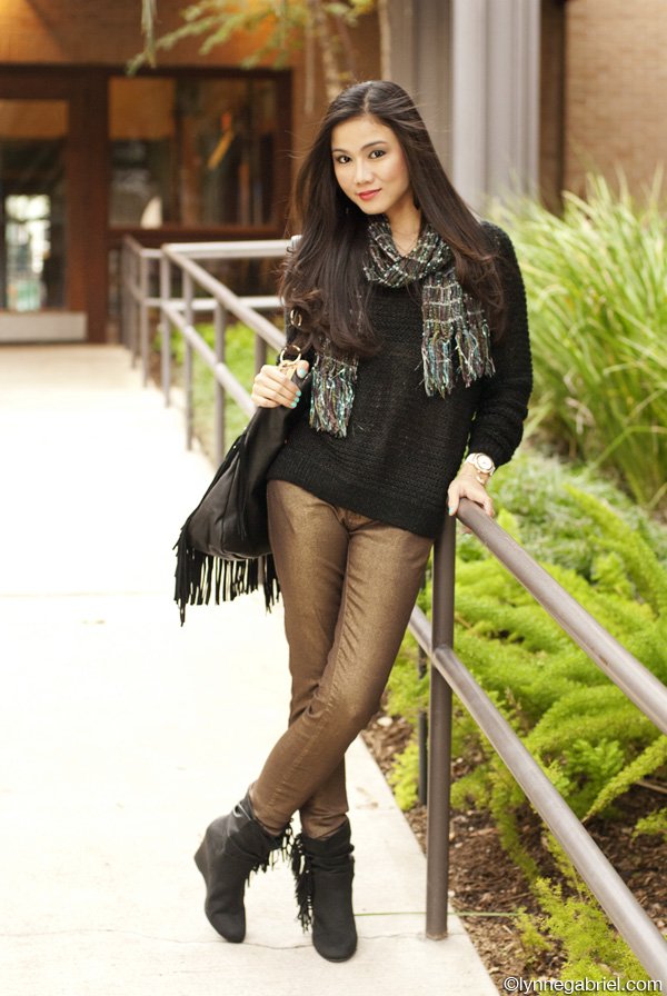 Houston Style Blogger Wears Metallic Coated Jeans and Sweater from Lavish Alice