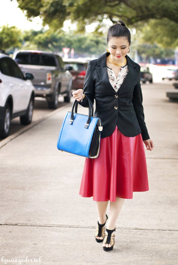 Red Faux Leather Midi Skirt