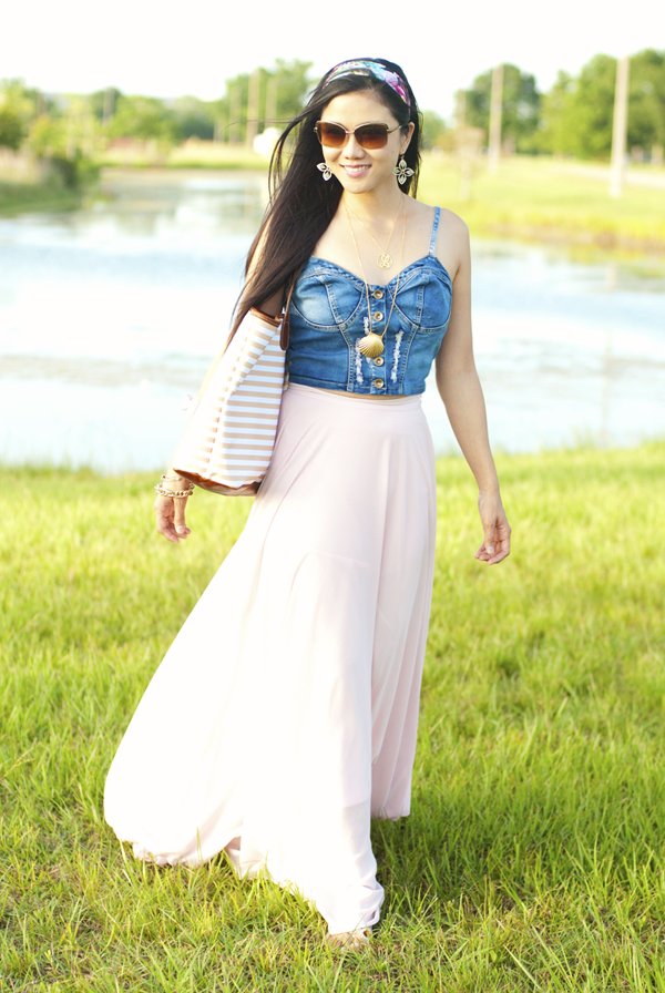 Light Pink Maxi Skirt and Denim Crop Top